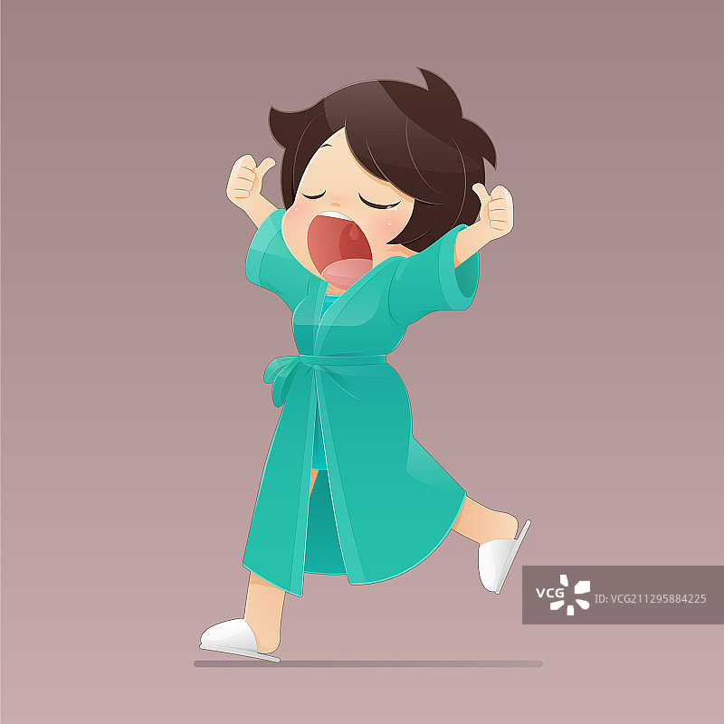 穿着绿色长袍走路和打哈欠的女孩图片素材