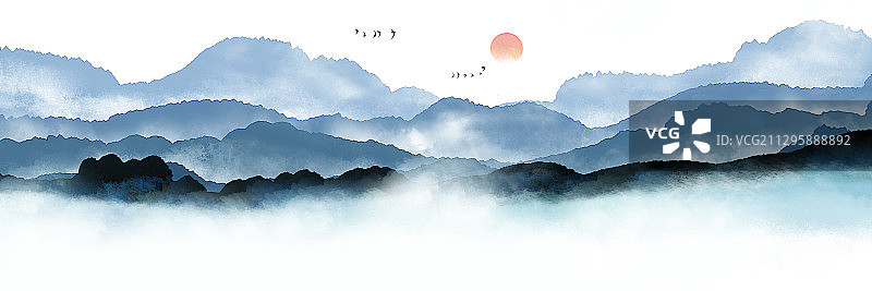 中国风蓝色水墨山水画图片素材