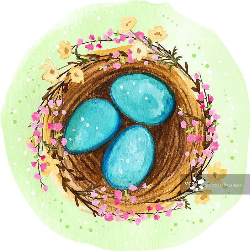 水彩春季鸟巢与蓝色鸟蛋图片素材