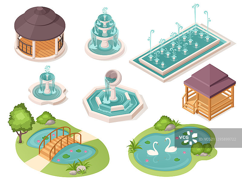 公园：喷泉、凉亭和花园池塘图片素材