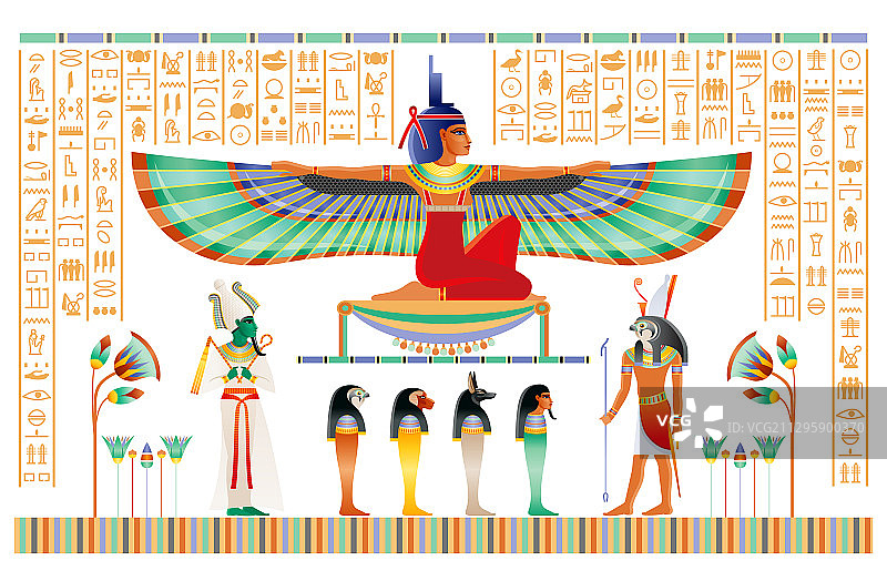 带有神祇和女神伊西斯的埃及纸莎草纸图片素材