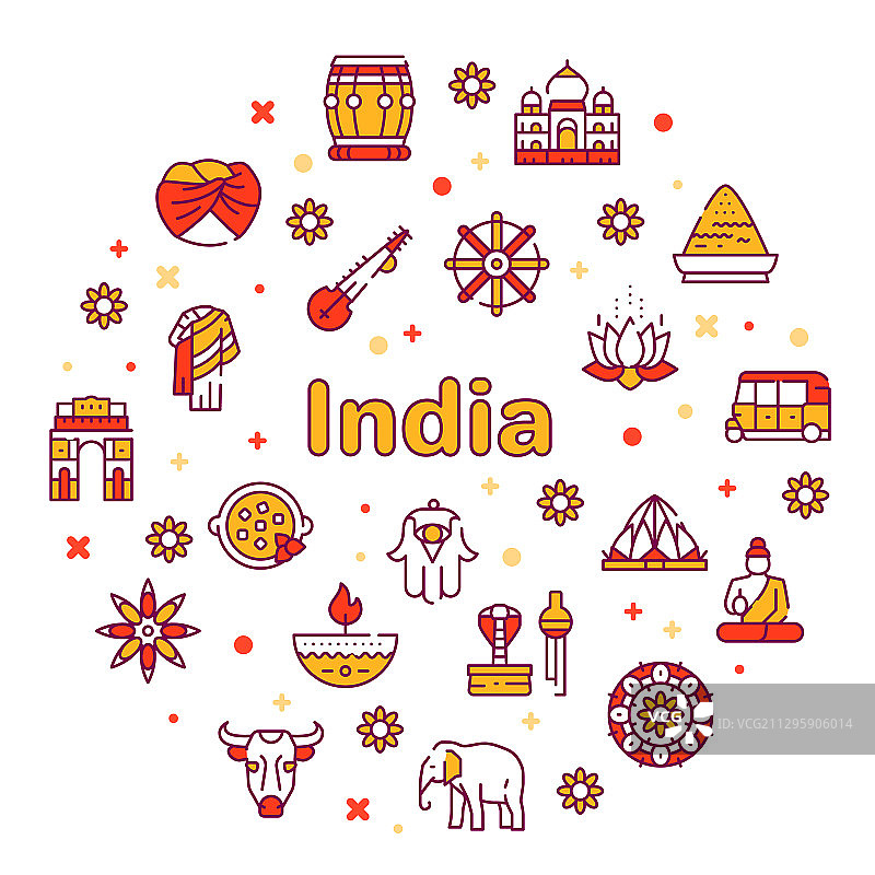 印度文化彩色线条圆形图标合集图片素材