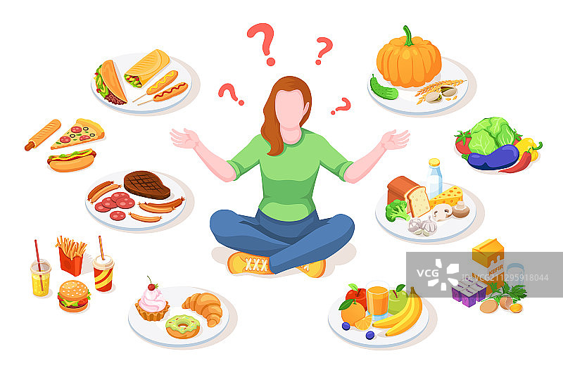 选择健康食品和垃圾食品的女人图片素材