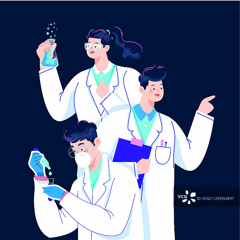 卡通医疗保险治病医药疫苗科研医护团队医疗健康背景矢量插画图片素材