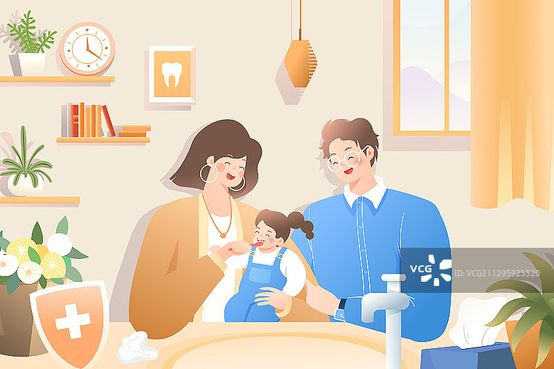 卡通少儿家人亲子牙科牙齿健康世界爱牙日保护牙齿口腔矢量插画图片素材