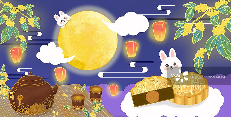 中秋节海报赏月兔子月饼桂花图片素材