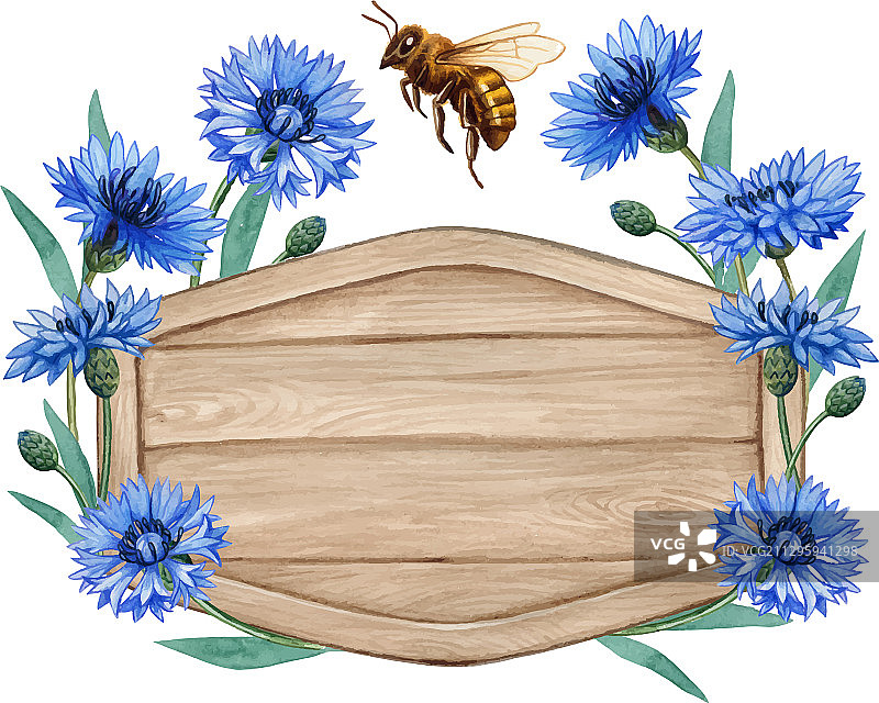 水彩木制标签与蓝瓶花图片素材