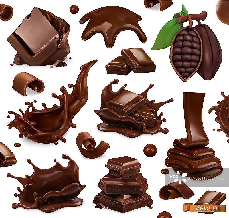 巧克力块和巧克力飞溅效果图片素材