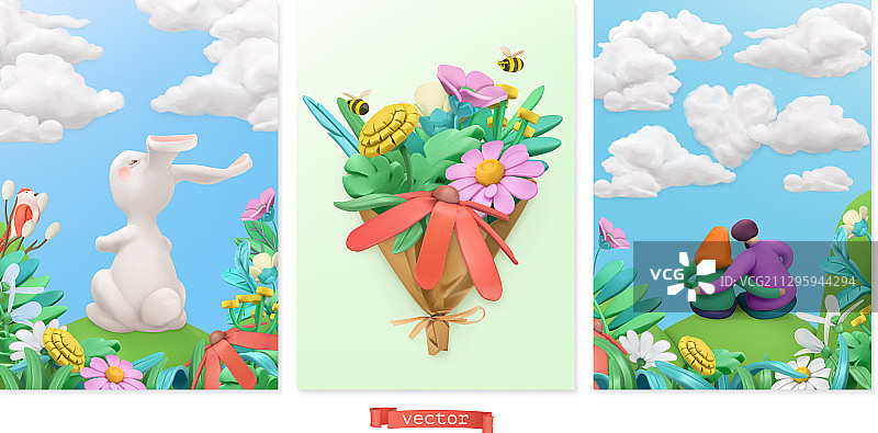 野花和复活节兔子花束图片素材