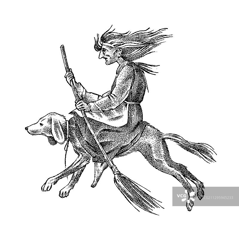 骑着扫帚带着狗飞翔的女巫古图图片素材