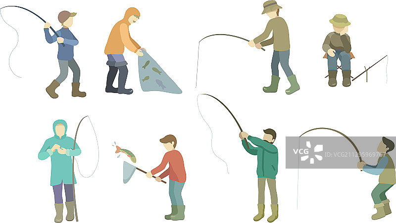渔民用渔网钓鱼竿捕鱼组合图片素材