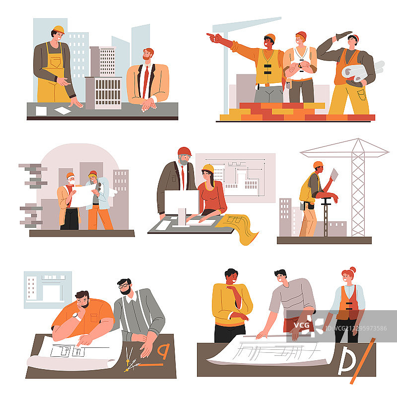 建筑师与方案，以及带工具的建造者图片素材