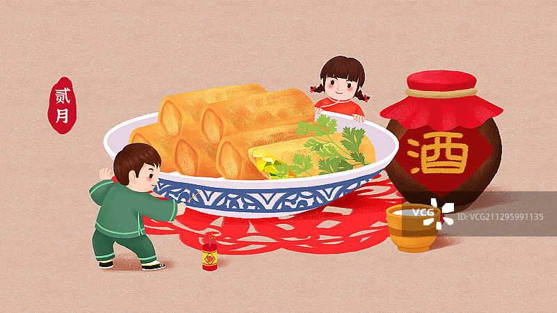 二月应季美食之新年春卷和福字图片素材