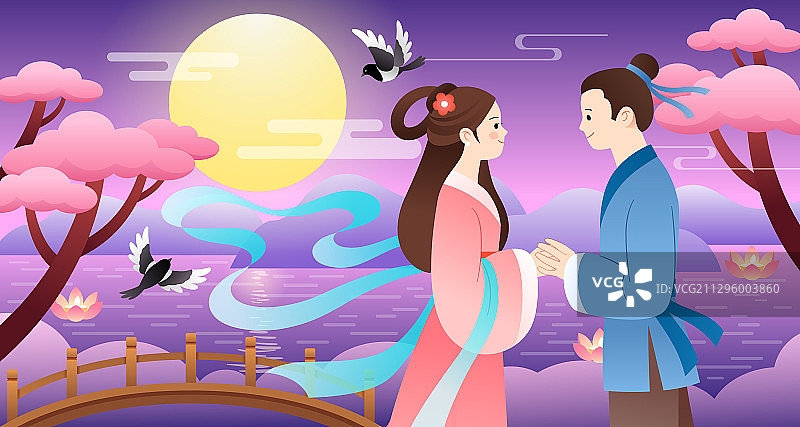 牛郎织女在月下相会横版图片素材