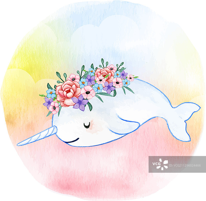 星空云朵中的水彩浪漫独角鲸图片素材