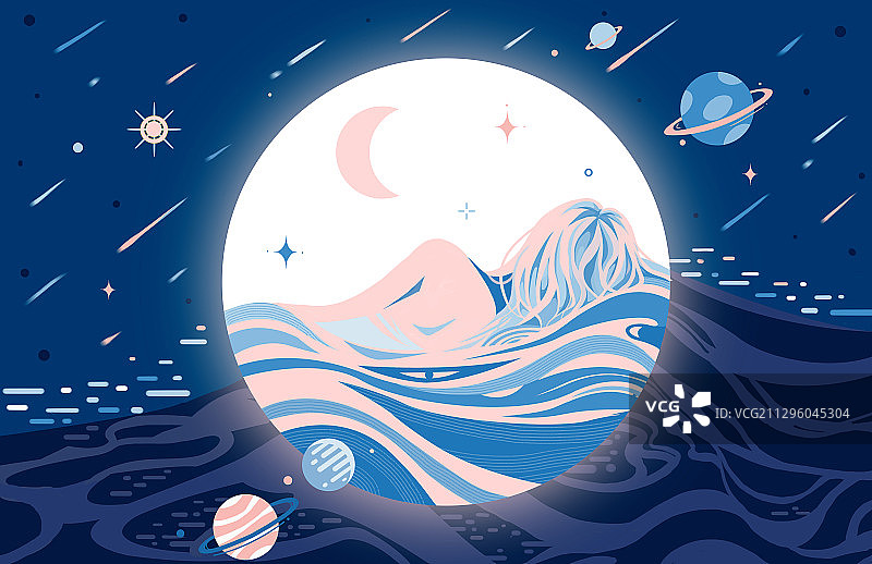 梦中女神侧卧在月亮之上图片素材