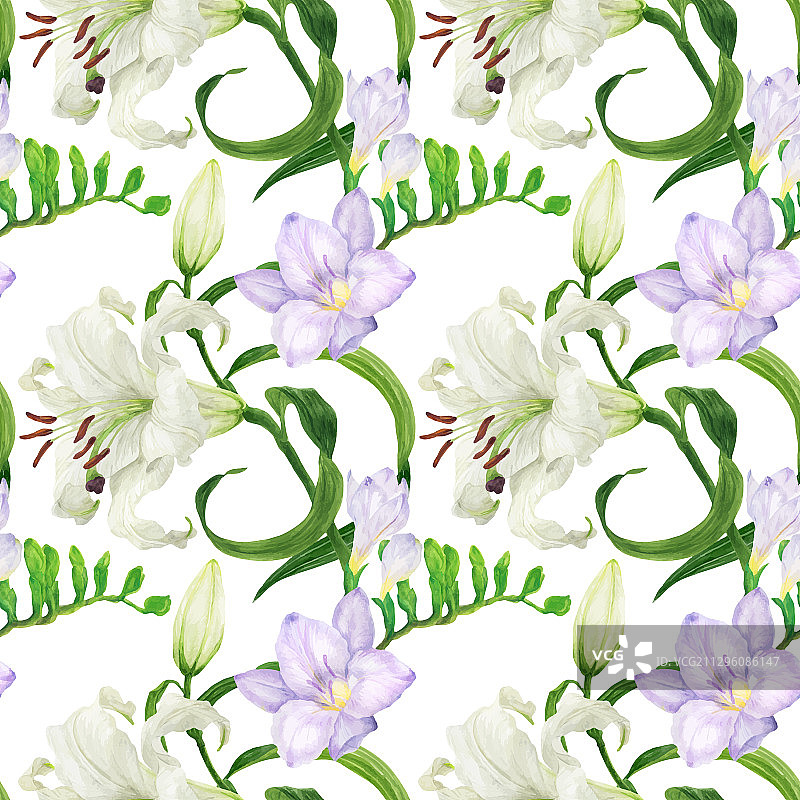 百合花和小苍兰水彩无缝图案图片素材