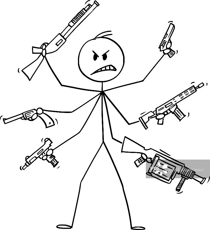 拥有六只手臂并持有武器的卡通男人图片素材