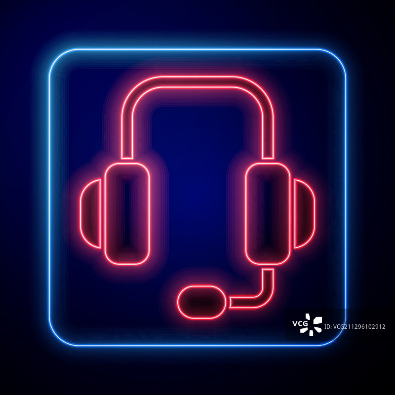 蓝色背景上的发光霓虹灯耳机图标图片素材