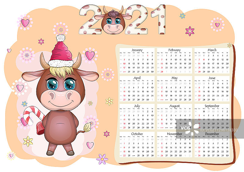 2021年日历：牛是新年象征图片素材