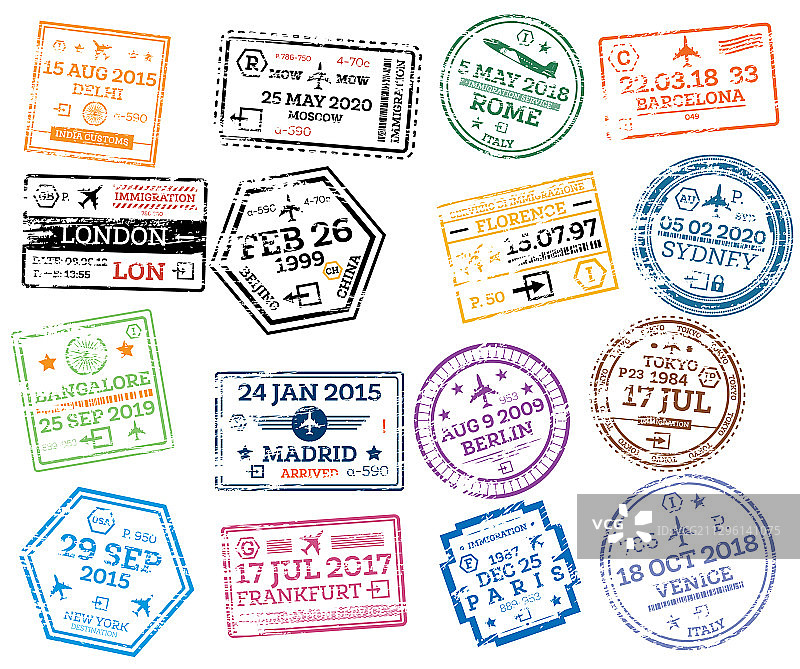 白色背景上的护照印章合集图片素材