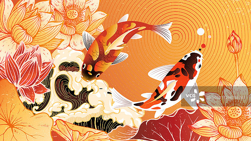 中国风荷花锦鲤国潮插画图片素材