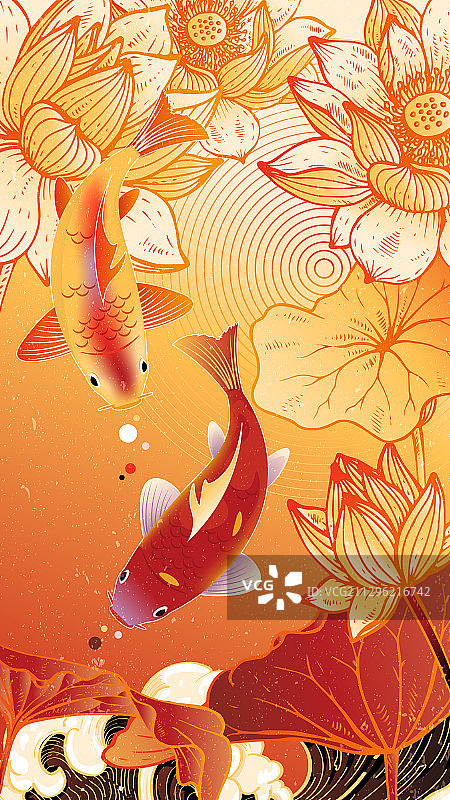 中国风荷花锦鲤国潮插画图片素材