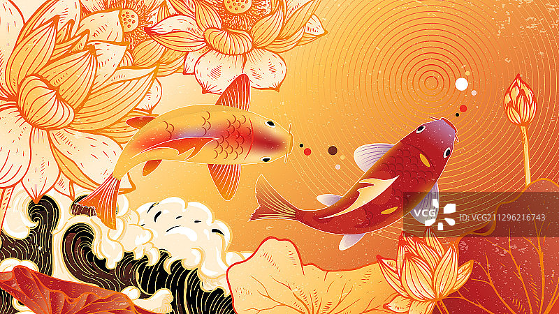 中国风荷花锦鲤国潮插画图片素材
