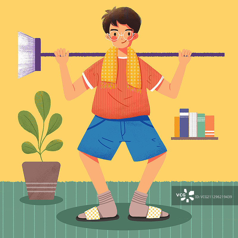 男孩扛着扫帚打扫房间图片素材