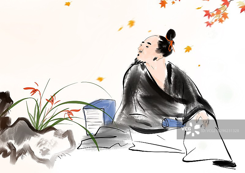 秋季古代诗人下棋听琴读书赏花图片素材