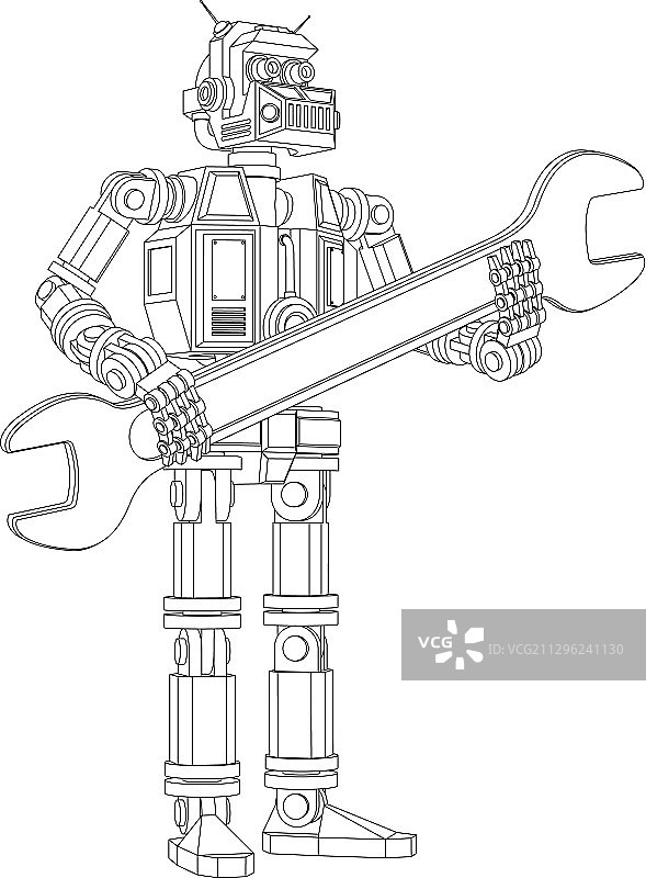 手持扳手的高度精细安卓机器人图片素材