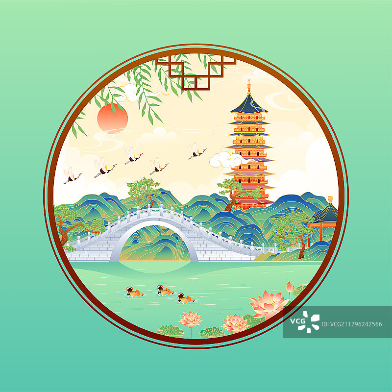 国潮风江苏扬州瘦西湖二十四桥矢量插画图片素材
