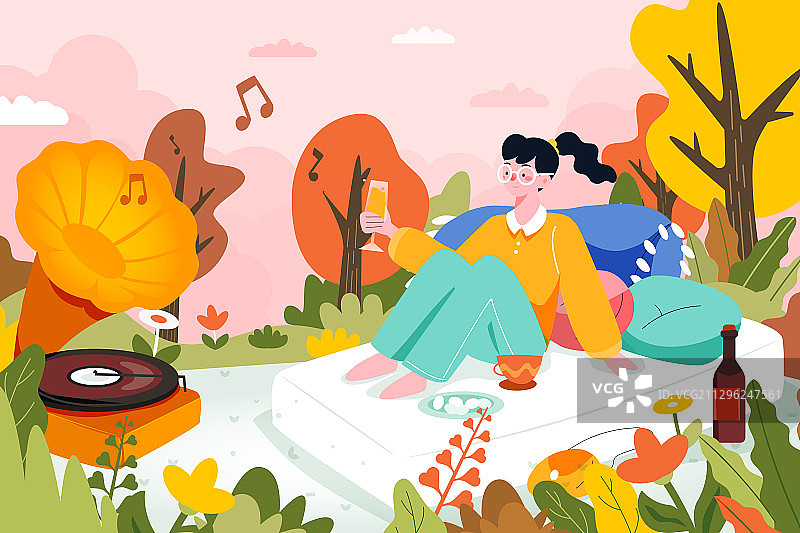 卡通女孩秋季踏秋出游音乐节留声机风景背景矢量插画图片素材