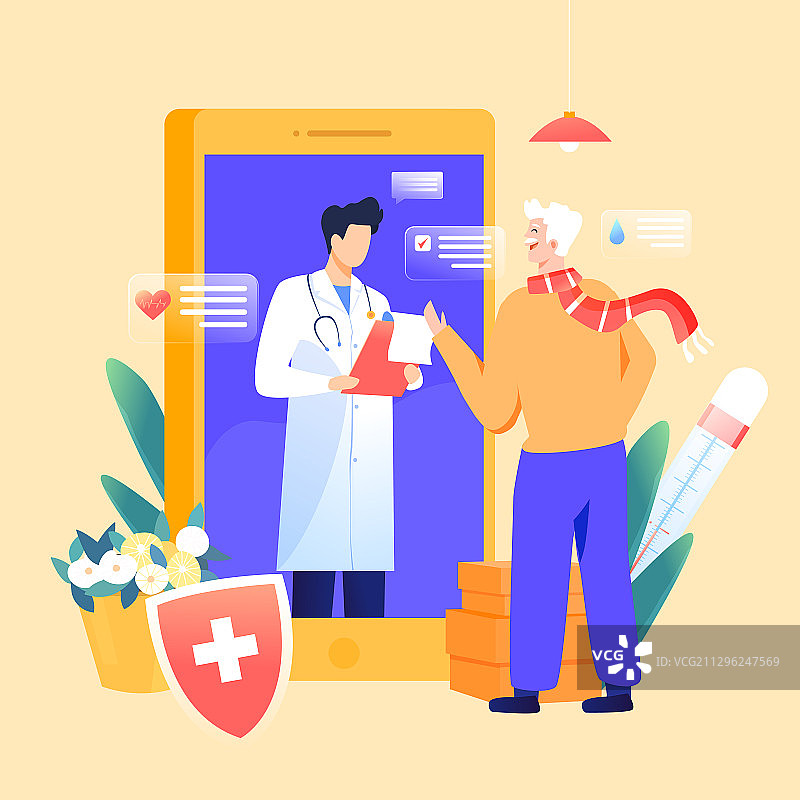 卡通医疗健康医保疫苗药店买药问诊医生医护老年健康矢量插画图片素材