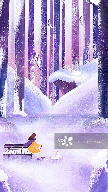 插画节气冬天季节寒冷女孩坐在椅子上森林积雪路狗图片素材