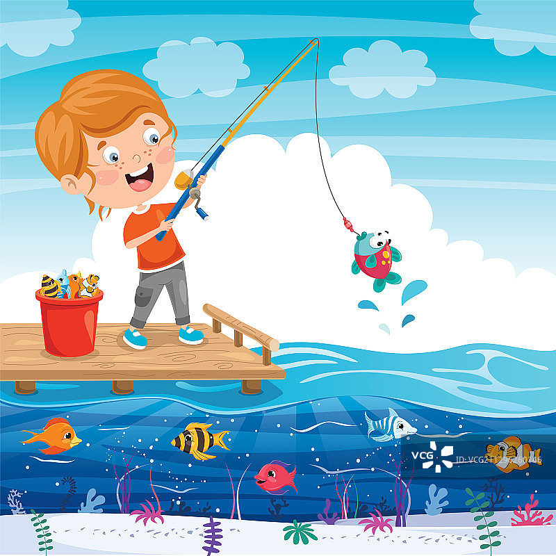 儿童在码头钓鱼图片素材
