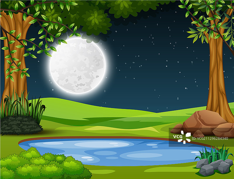 夜晚森林中央的小池塘图片素材