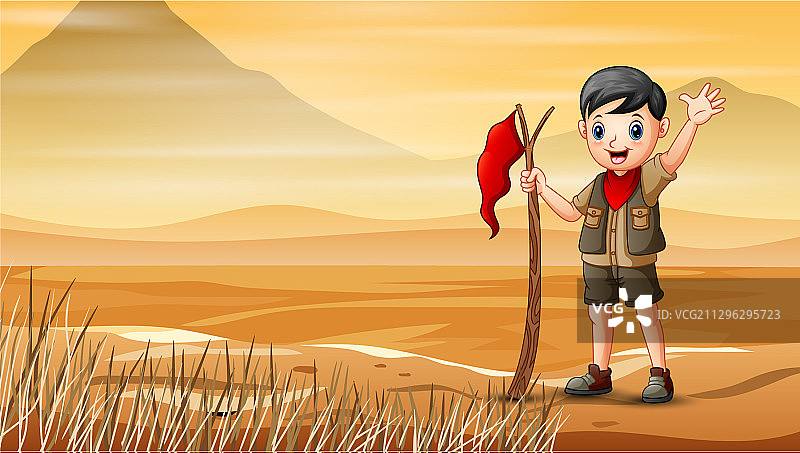 童子军男孩在干燥的土地上徒步旅行图片素材