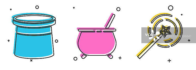 魔法师帽子巫婆大锅和魔法棒套装图片素材