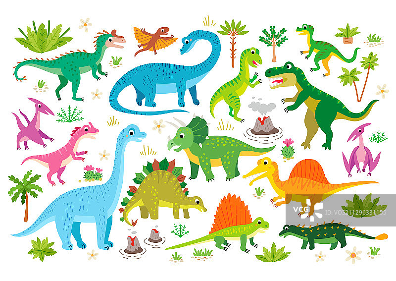 可爱的扁平恐龙卡通史前蜥蜴套装图片素材