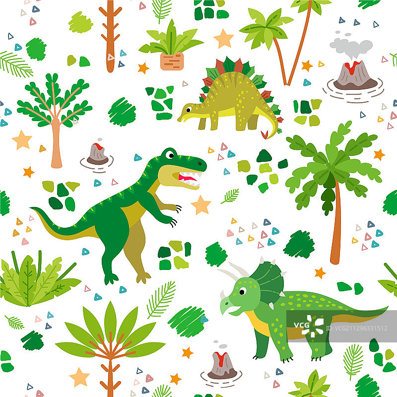 儿童恐龙和热带树叶图案图片素材