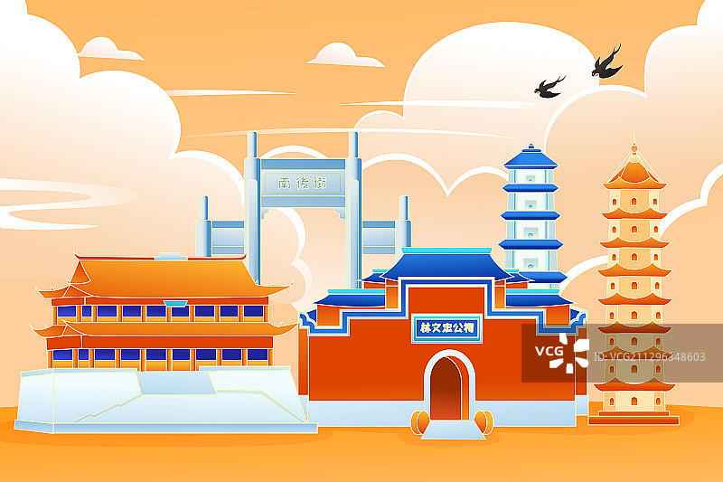 卡通福建福州古城建筑城市地标标志性旅游旅行景点风景矢量插画图片素材