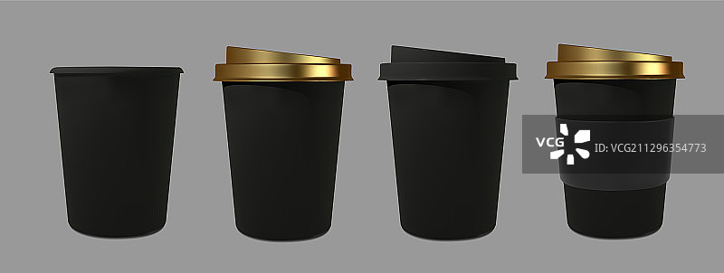 黑色纸质咖啡杯和茶杯逼真模型套装图片素材