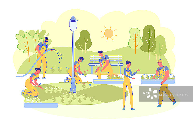 园艺工人在花坛里种植花卉图片素材