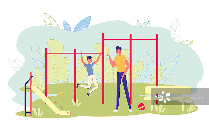 男人在运动场教儿子做运动图片素材