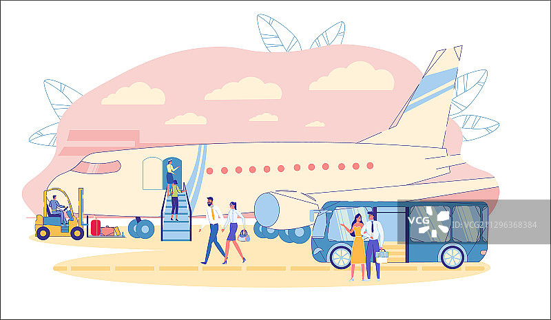 巴士将贵宾头等舱乘客送至飞机图片素材