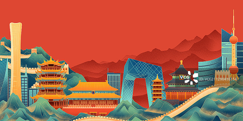 盛世中秋国庆中国红建筑喜庆手绘插画图片素材