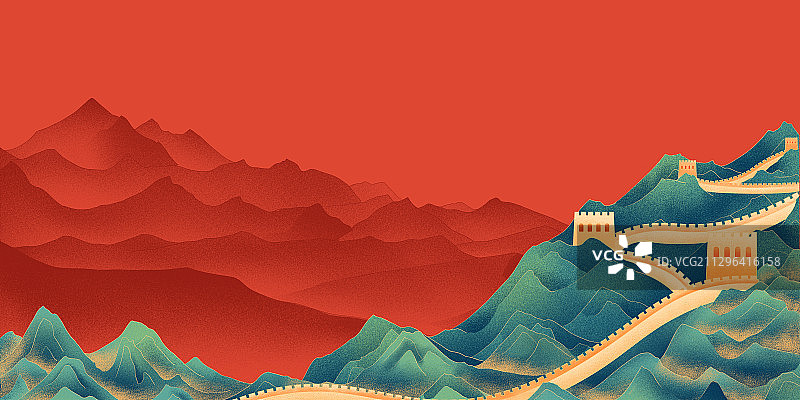 盛世中秋国庆中国红长城手绘插画图片素材