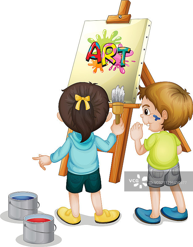 两个孩子在白色画布上绘画图片素材
