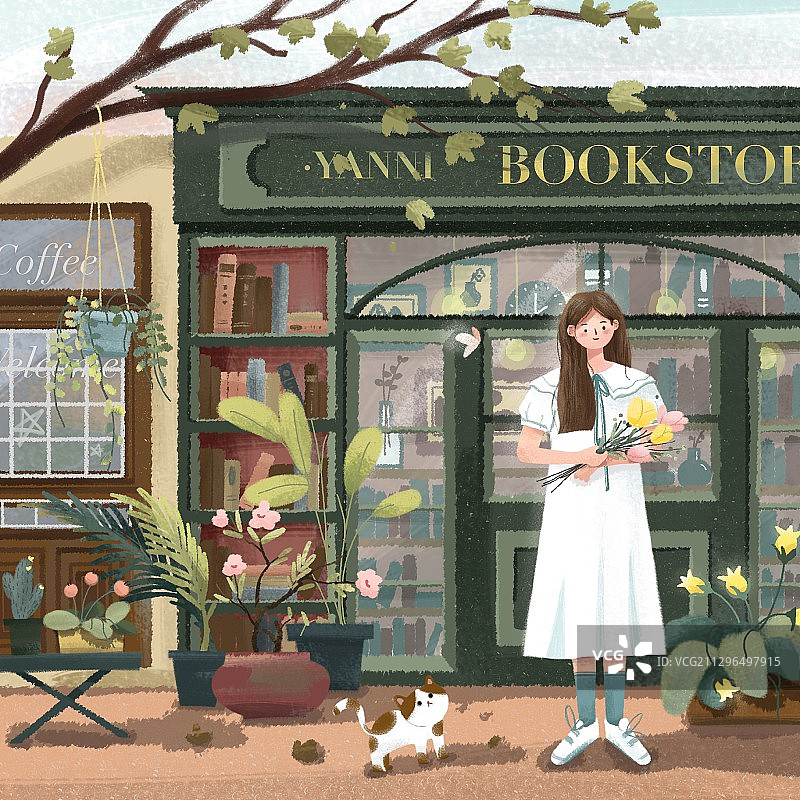 书店门口的女孩图片素材